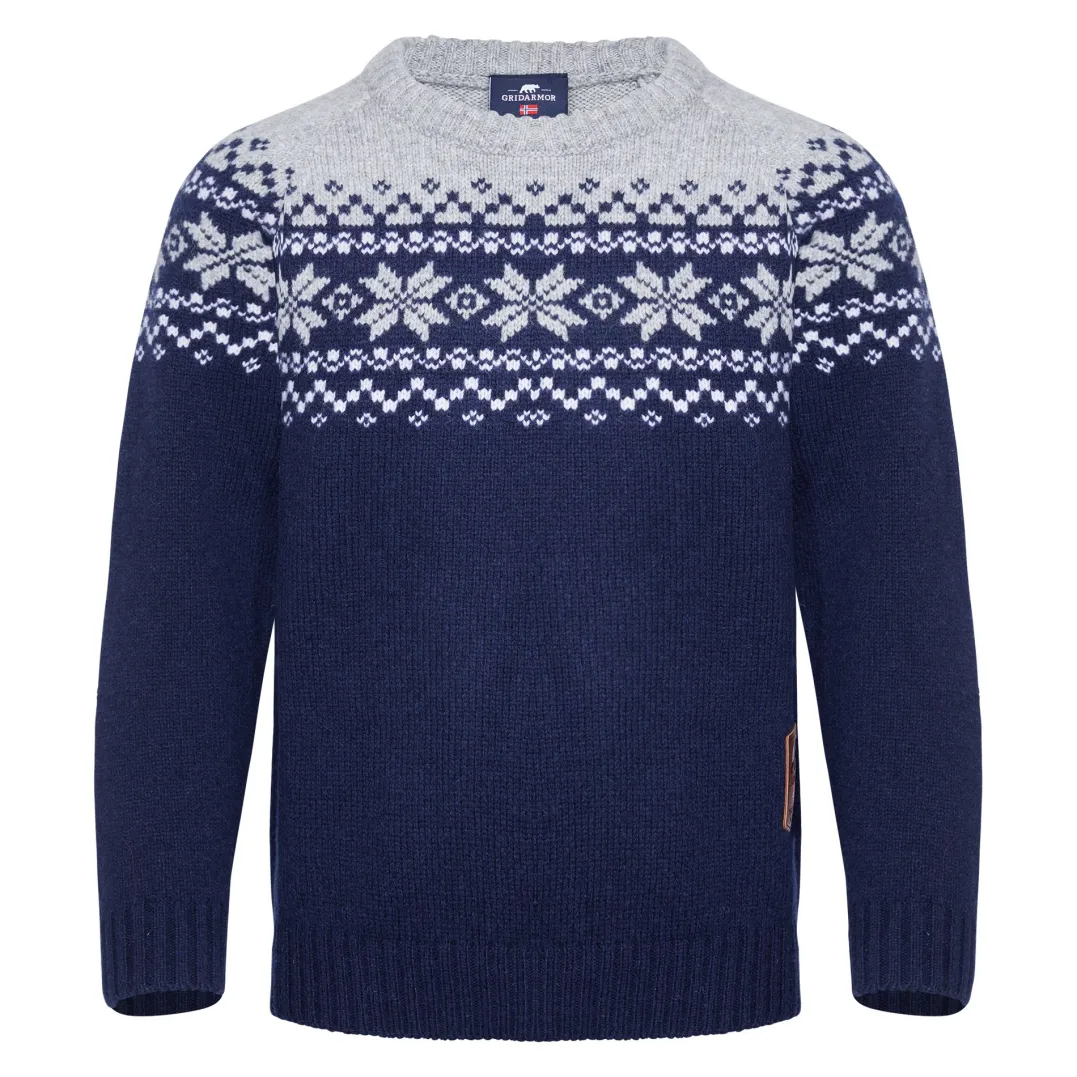 Gridarmor Kids' Snøkrystall Round Neck Ullgenser Dark Navy/Light Grey/White