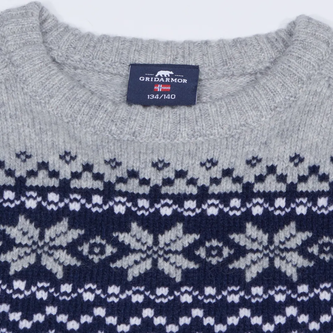 Gridarmor Kids' Snøkrystall Round Neck Ullgenser Dark Navy/Light Grey/White