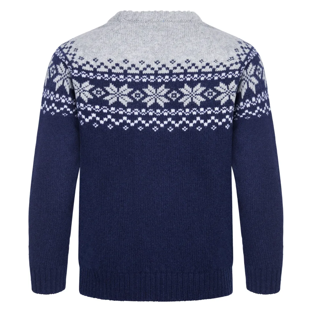 Gridarmor Kids' Snøkrystall Round Neck Ullgenser Dark Navy/Light Grey/White