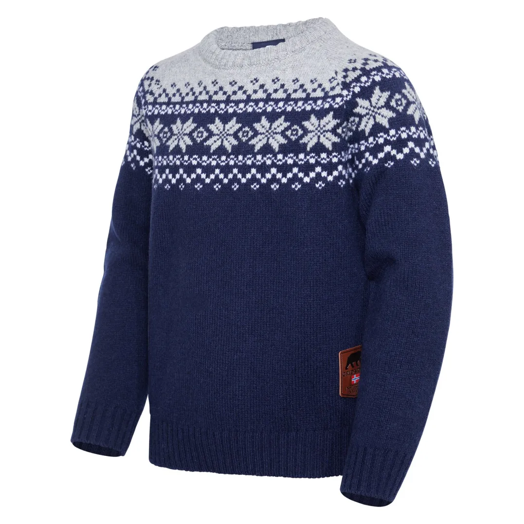 Gridarmor Kids' Snøkrystall Round Neck Ullgenser Dark Navy/Light Grey/White