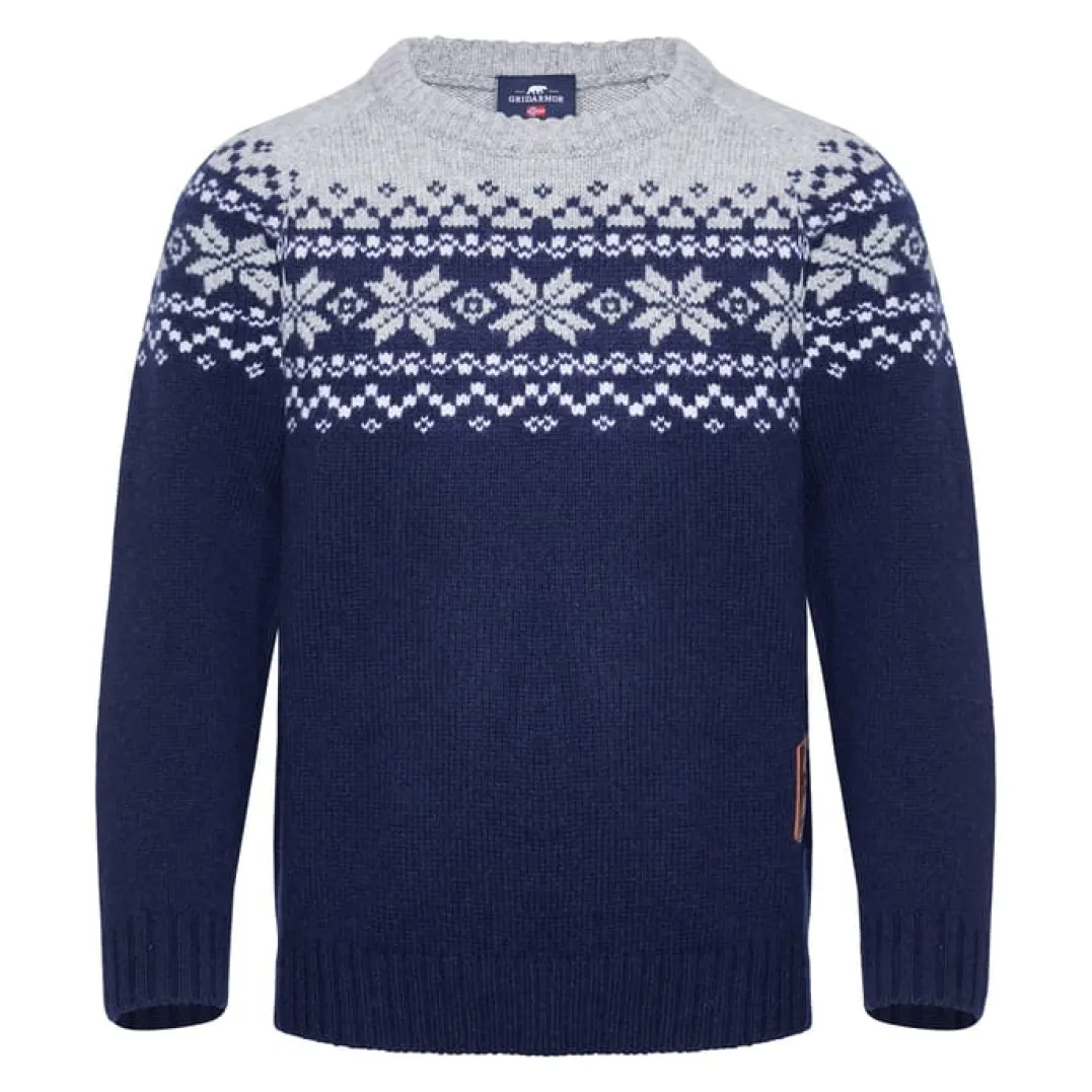 Gridarmor Kids' Snøkrystall Round Neck Ullgenser Dark Navy/Light Grey/White
