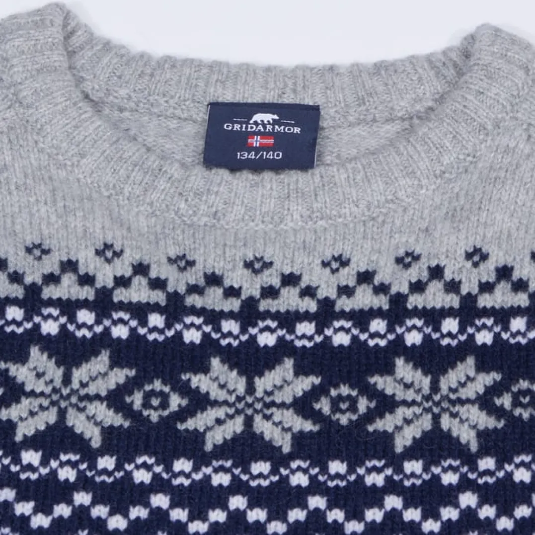 Gridarmor Kids' Snøkrystall Round Neck Ullgenser Dark Navy/Light Grey/White