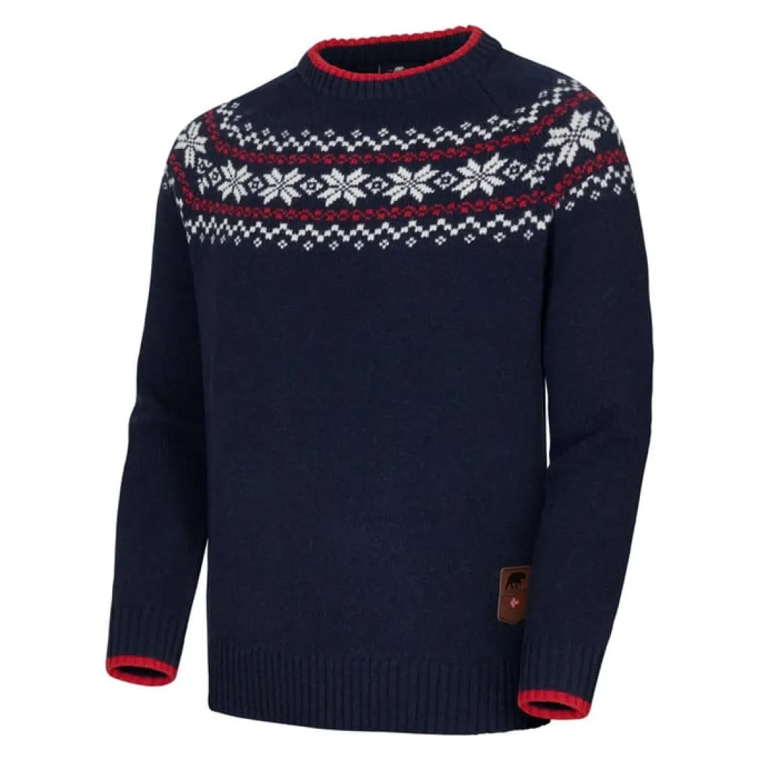 Gridarmor Men's Snøkrystall Round Neck Ullgenser Navy/White/Red